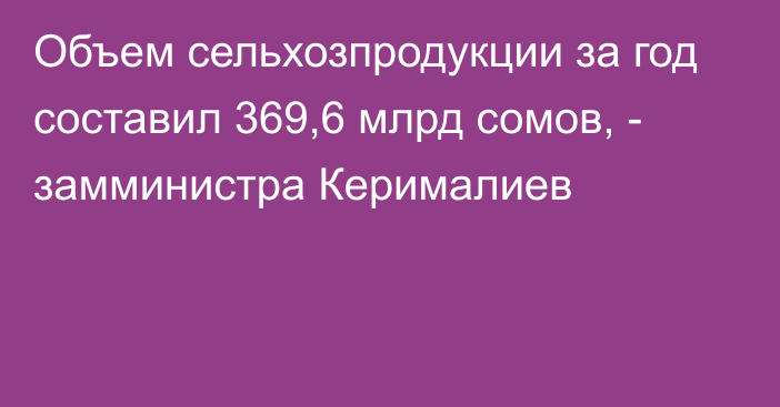 Объем сельхозпродукции за год составил 369,6 млрд сомов, - замминистра Керималиев